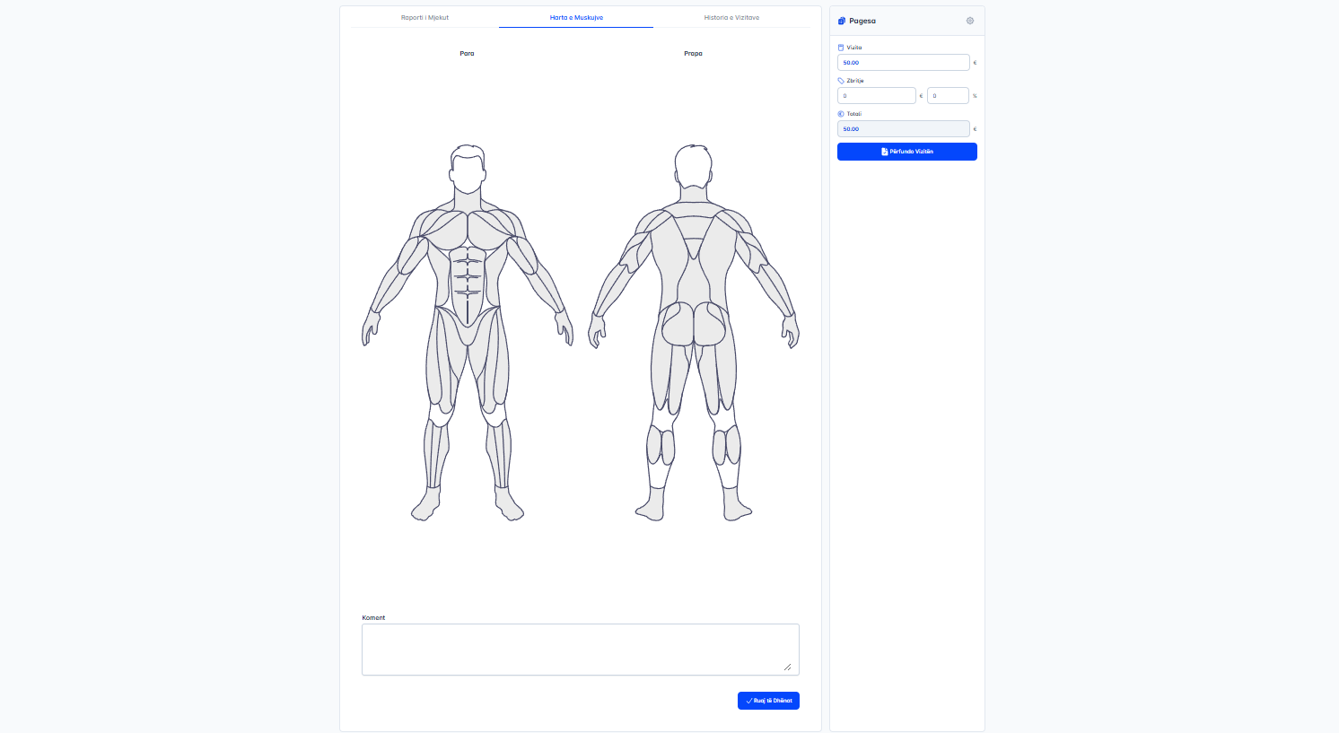 Dashboard i Qendrës së Fizioterapisë